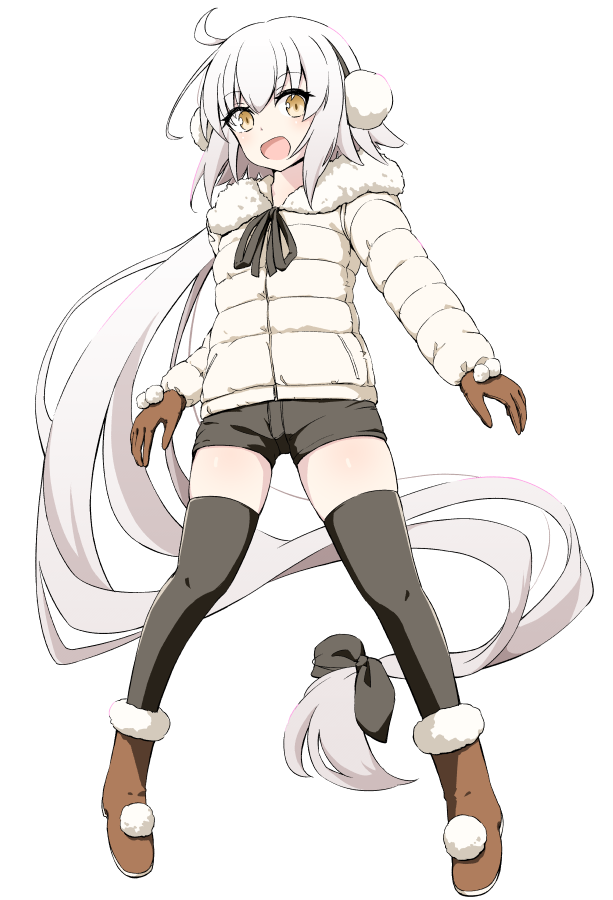 1girl :d absurdly_long_hair bangs black_legwear black_ribbon black_shorts blush boots brown_eyes brown_footwear brown_gloves commentary_request earmuffs eyebrows_visible_through_hair fate/grand_order fate_(series) full_body fur-trimmed_boots fur-trimmed_jacket fur_trim gloves hair_ribbon jacket jeanne_d'arc_(fate)_(all) jeanne_d'arc_alter_santa_lily long_hair long_sleeves open_mouth panikuru_yuuto ribbon short_shorts shorts simple_background smile solo thighhighs thighhighs_under_boots very_long_hair white_background white_hair white_jacket