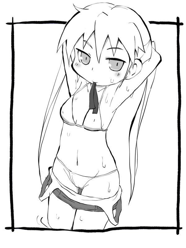 1girl armpits arms_behind_head bangs bikini blush closed_mouth commentary_request cowboy_shot dripping frame greyscale kill_me_baby long_hair monochrome mouth_hold navel simple_background solo sonya_(kill_me_baby) standing swimsuit twintails white_background zubatto_(makoto)