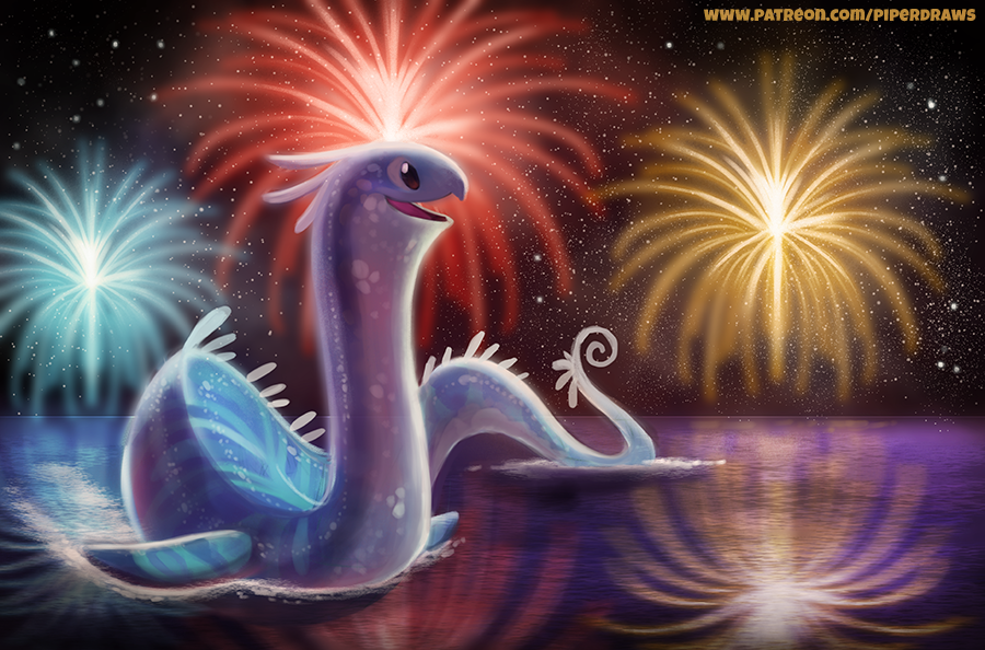 ambiguous_gender beady_eyes black_eyes blue_body blue_scales cryptid-creations fireworks holidays new_year night open_mouth outside scales sea_serpent solo star swimming text url water