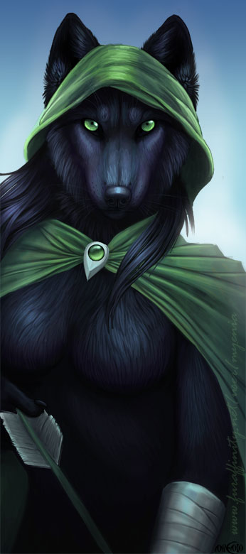 arrow black_body black_fur canid canine canis cloak clothing female fur green_eyes mammal myenia solo wolf