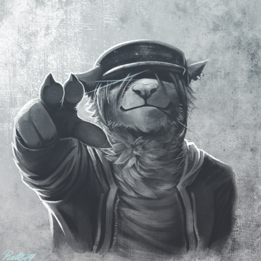 2019 anthro biped claws clothed clothing conditional_dnp digital_media_(artwork) ear_piercing faraden fluffy fully_clothed fur half-length_portrait hat headgear headwear jacket legacy long-tailed_weasel male mammal monochrome mustela mustelid musteline new_faraden piercing portrait ratte riv_(ratte) signature smile solo topwear