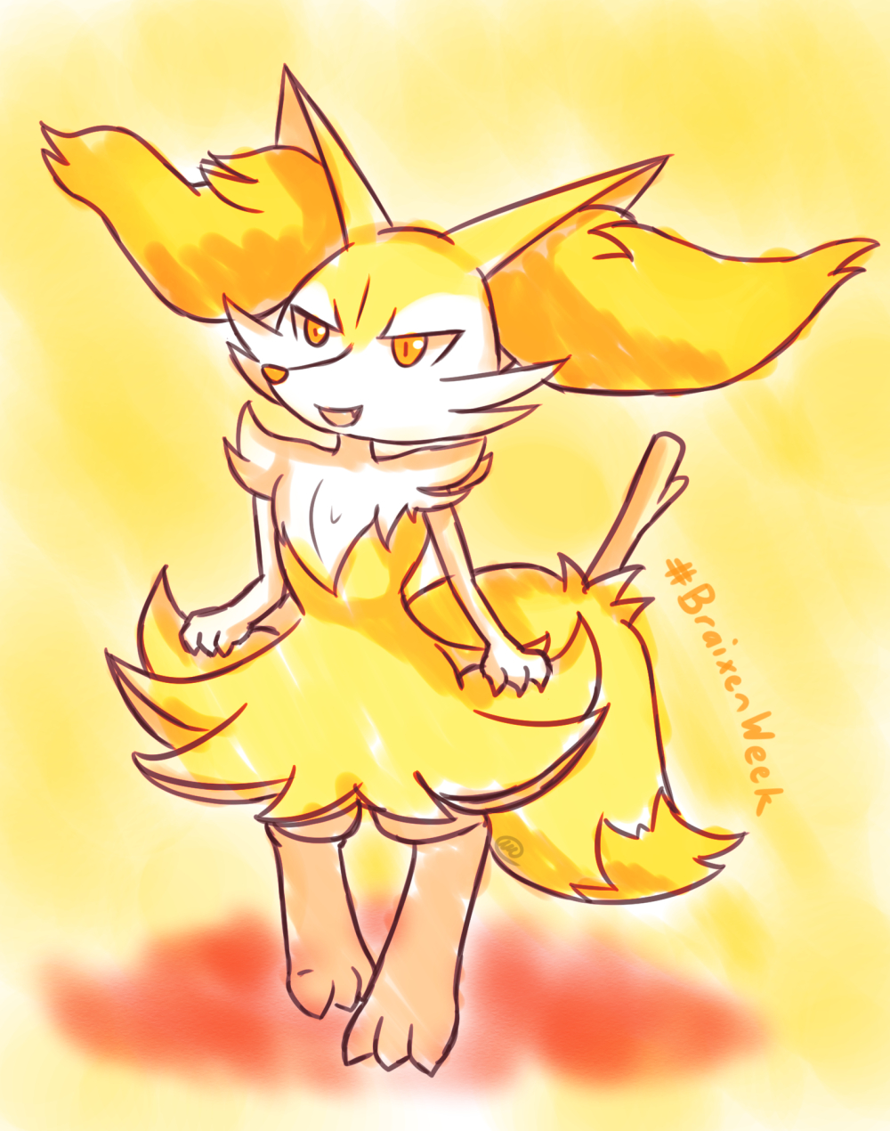 2017 3_fingers 3_toes ambiguous_gender anthro biped braixen canid canine digital_media_(artwork) dipstick_tail english_text fangs fingers full-length_portrait fur hi_res inner_ear_fluff mammal multicolored_tail nintendo open_mouth orange_body orange_eyes orange_fur pok&eacute;mon pok&eacute;mon_(species) portrait signature simple_background solo standing stick text toes tuft unknownlifeform video_games white_body white_fur yellow_background yellow_body yellow_fur