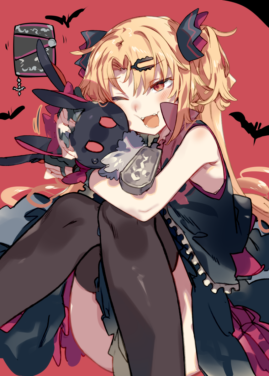 1girl akatsuki_yuni bangs bare_shoulders bat black_gloves black_legwear blonde_hair blush cheek-to-cheek commentary_request eyebrows_visible_through_hair fangs feet_out_of_frame gloves hair_ornament hair_ribbon hairclip highres holding hug karei long_hair one_eye_closed open_mouth oversized_object parted_bangs red_eyes ribbon sitting sleeveless smile solo thighhighs thighs two_side_up uni_channel very_long_hair virtual_youtuber zipper zipper_pull_tab