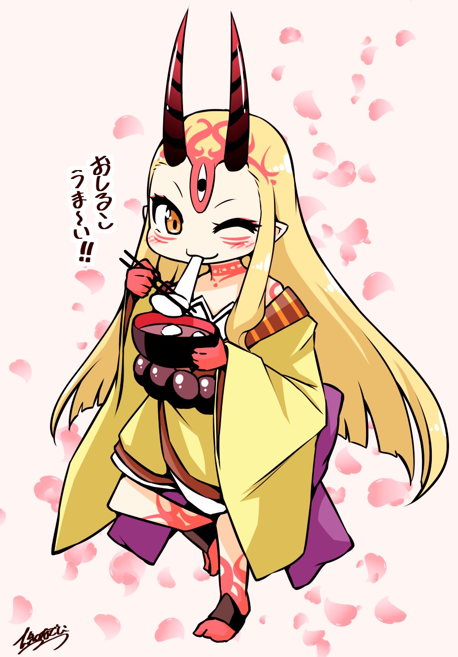 1girl artist_name barefoot blonde_hair bowl chopsticks commentary_request eating facial_mark fate/grand_order fate_(series) food food_in_mouth forehead_mark full_body highres holding holding_bowl holding_chopsticks horns ibaraki_douji_(fate/grand_order) japanese_clothes kimono long_hair long_sleeves looking_at_viewer mochi obi off_shoulder one_eye_closed oni oni_horns petals pink_background pointy_ears sash sidelocks smile solo translation_request wide_sleeves yamato_nadeshiko yellow_eyes zouni_soup