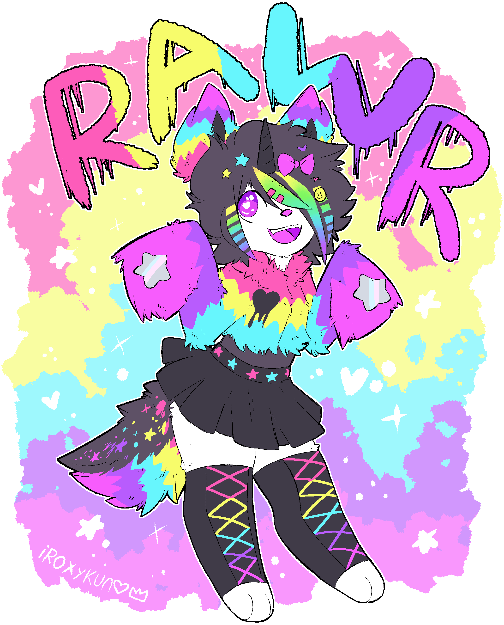 &lt;3 &lt;3_eyes 2020 anthro bottomwear bow canid canine clothed clothing digital_media_(artwork) footwear fox fur girly hair horn iroxykun male mammal multicolored_body multicolored_fur open_mouth rainbow rainbow_body rainbow_fur shoes skirt solo sparkledog text tongue tongue_out topwear white_body white_fur xx_zim_xx