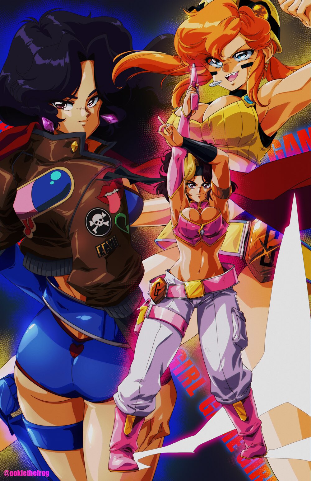 3girls 80s abraham_perez arina_(game_grumps) armband armpits ass baggy_pants belt black_hair blonde_hair blue_eyes blue_shorts bomber_jacket boots breasts brown_eyes brown_hair brown_jacket character_request cleavage collage crop_top danielle_(game_grumps) energy_gun fang game_grumps gun handgun headband highres holding holding_gun holding_weapon holster jacket knee_boots large_breasts loose_belt mismatched_sleeves multicolored_hair multiple_girls oldschool orange_hair pants patch pink_earrings pink_footwear pistol pose purple_eyes ray_gun short_shorts shorts thigh_holster twitter_username two-tone_hair weapon