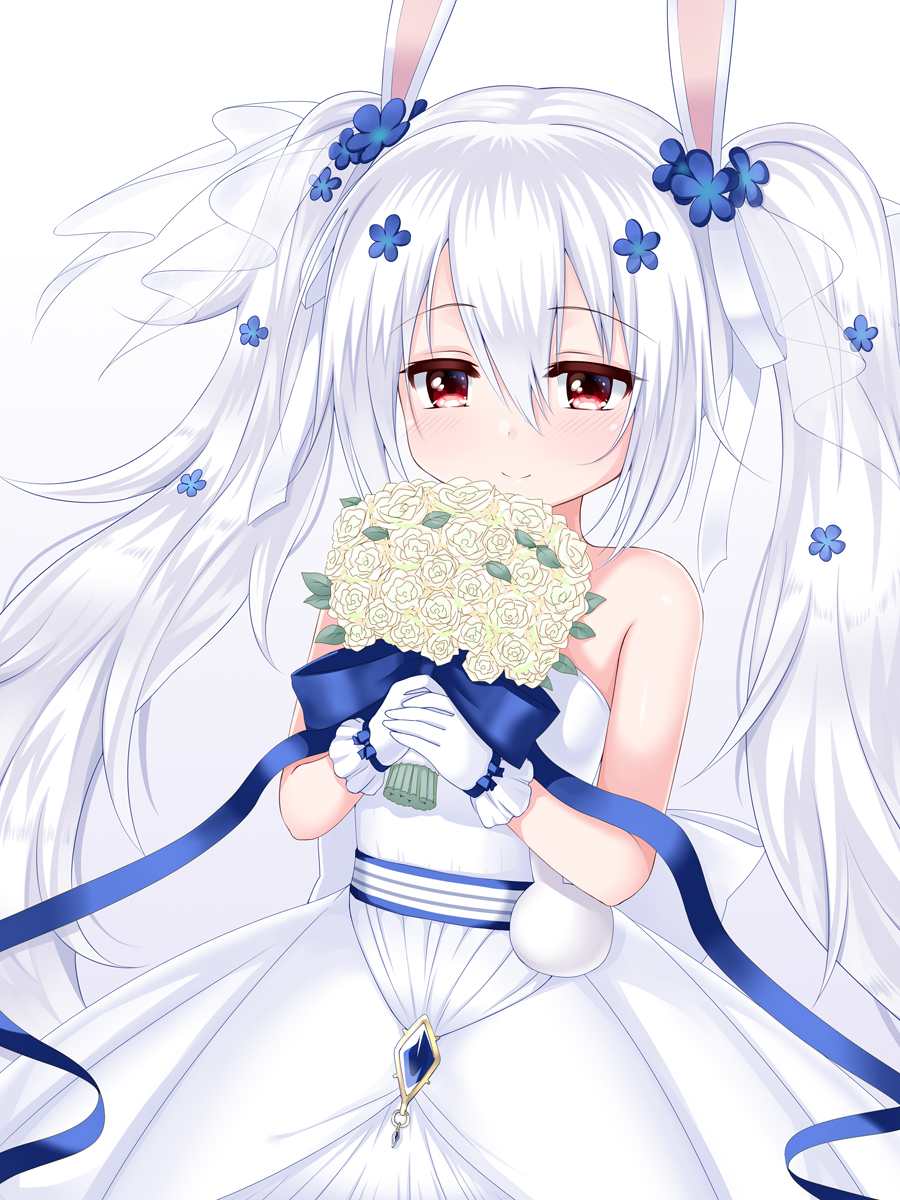 1girl animal_ears azur_lane bangs bare_shoulders blue_bow blue_flower blush bouquet bow bunny_ears closed_mouth commentary_request dress eyebrows_visible_through_hair flower gloves gradient gradient_background grey_background hair_between_eyes hair_flower hair_ornament hair_ribbon highres holding holding_bouquet laffey_(azur_lane) laffey_(white_rabbit's_oath)_(azur_lane) long_hair red_eyes ribbon rose see-through smile solo strapless strapless_dress twintails u2_(5798239) very_long_hair white_background white_dress white_flower white_gloves white_hair white_rose