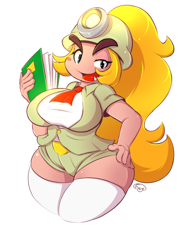 2015 anthro armor big_breasts blonde_hair bottomwear breasts clothing eyebrows female fingers fyxe_(artist) goomba goombella hair headgear helmet humanoid legwear mario_bros nintendo not_furry open_mouth paper_mario shorts simple_background solo thick_eyebrows video_games white_background wide_hips