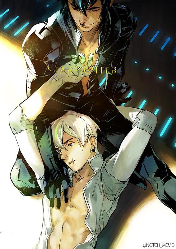 2boys abel_(starfighter) black_hair cain_(starfighter) copyright_name hand_on_another's_chest kneeling multiple_boys open_bodysuit open_clothes open_shirt pilot_suit scar starfighter_(webcomic) twitter_handle white_hair xiling yaoi