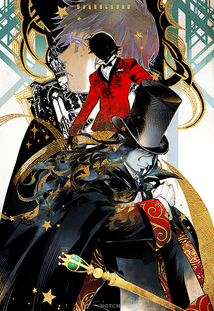 3boys albert_de_morcerf blue_skin cape count_of_monte_cristo franz_d'epinay gankutsuou gold_trim hat long_hair male_focus multiple_boys pointy_ears profile silhouette staff top_hat xiling