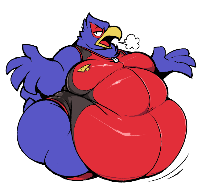 anthro avian beak belly belly_jiggle belly_overhang big_belly big_butt bird blue_body blue_feathers boot_(artist) breath butt clothed clothing falco_lombardi feathers huff jumpsuit male moobs nintendo obese obese_male open_beak open_mouth overweight overweight_male simple_background solo star_fox thick_thighs tight_clothing video_games white_background wide_hips