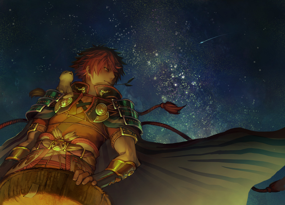 1boy animal animal_on_shoulder armor aruk cape closed_mouth comet fuurai_no_shiren green_cape hat holding holding_hat leaf male_focus orange_eyes outdoors pauldrons red_hair sky smile solo star_(sky) starry_sky vambraces
