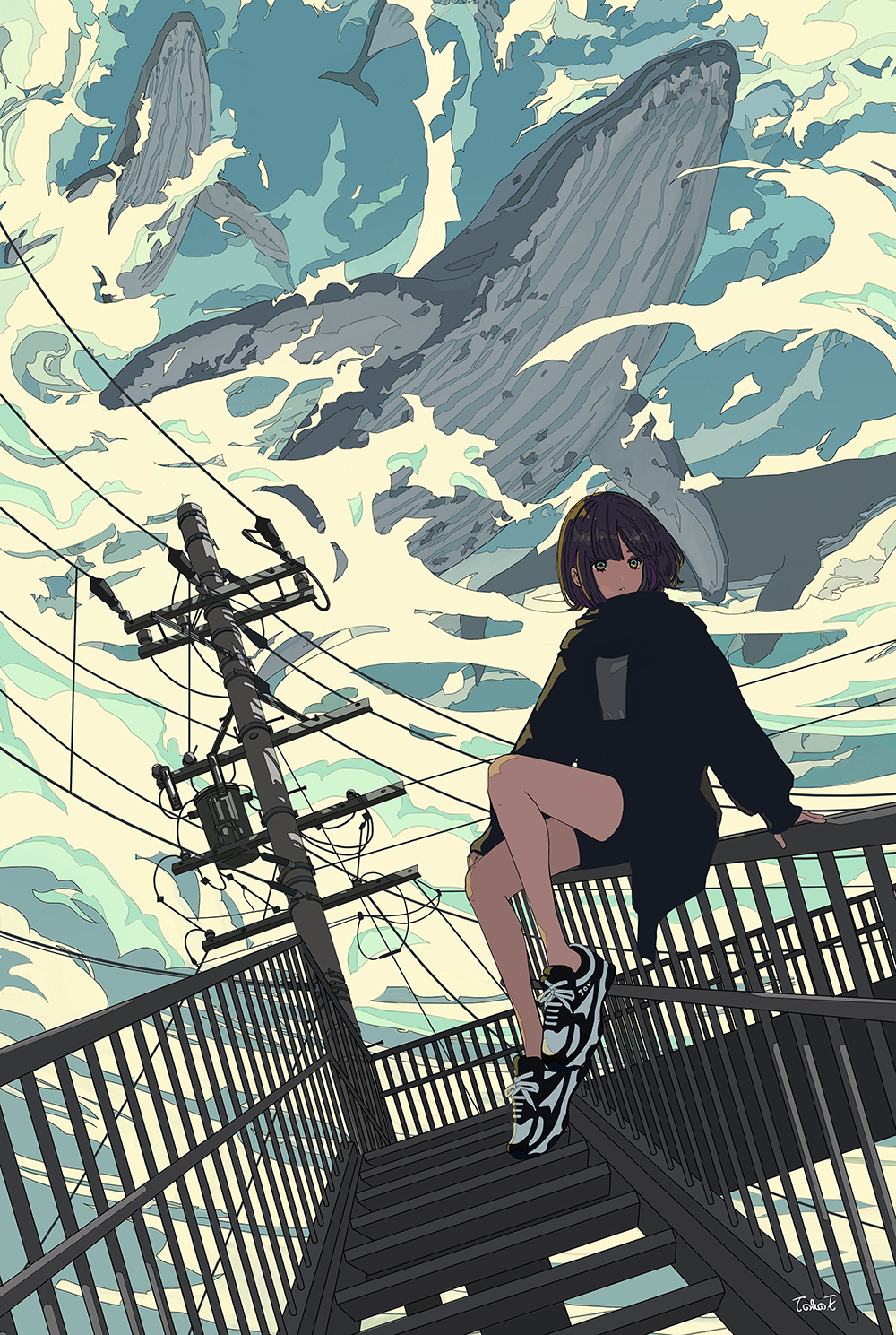 1girl animal bangs bare_legs black_jacket black_shorts cloud cloudy_sky commentary_request dutch_angle flying_whale highres jacket ligne_claire long_sleeves multicolored multicolored_eyes original power_lines railing seraphitalg shoes short_hair short_shorts shorts signature sitting sitting_on_railing sky sneakers stairs telephone_pole whale