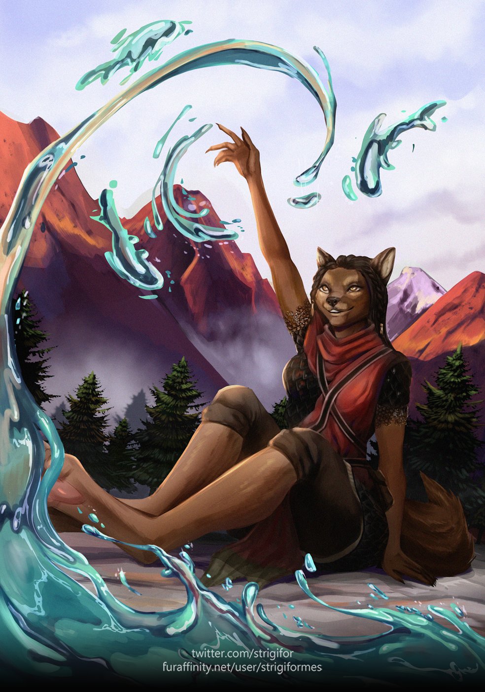 2020 5_fingers anthro breasts canid canine clothed clothing day detailed_background elemental_manipulation female fingers mammal outside sky smile strigifor strigiformes toes water_manipulation