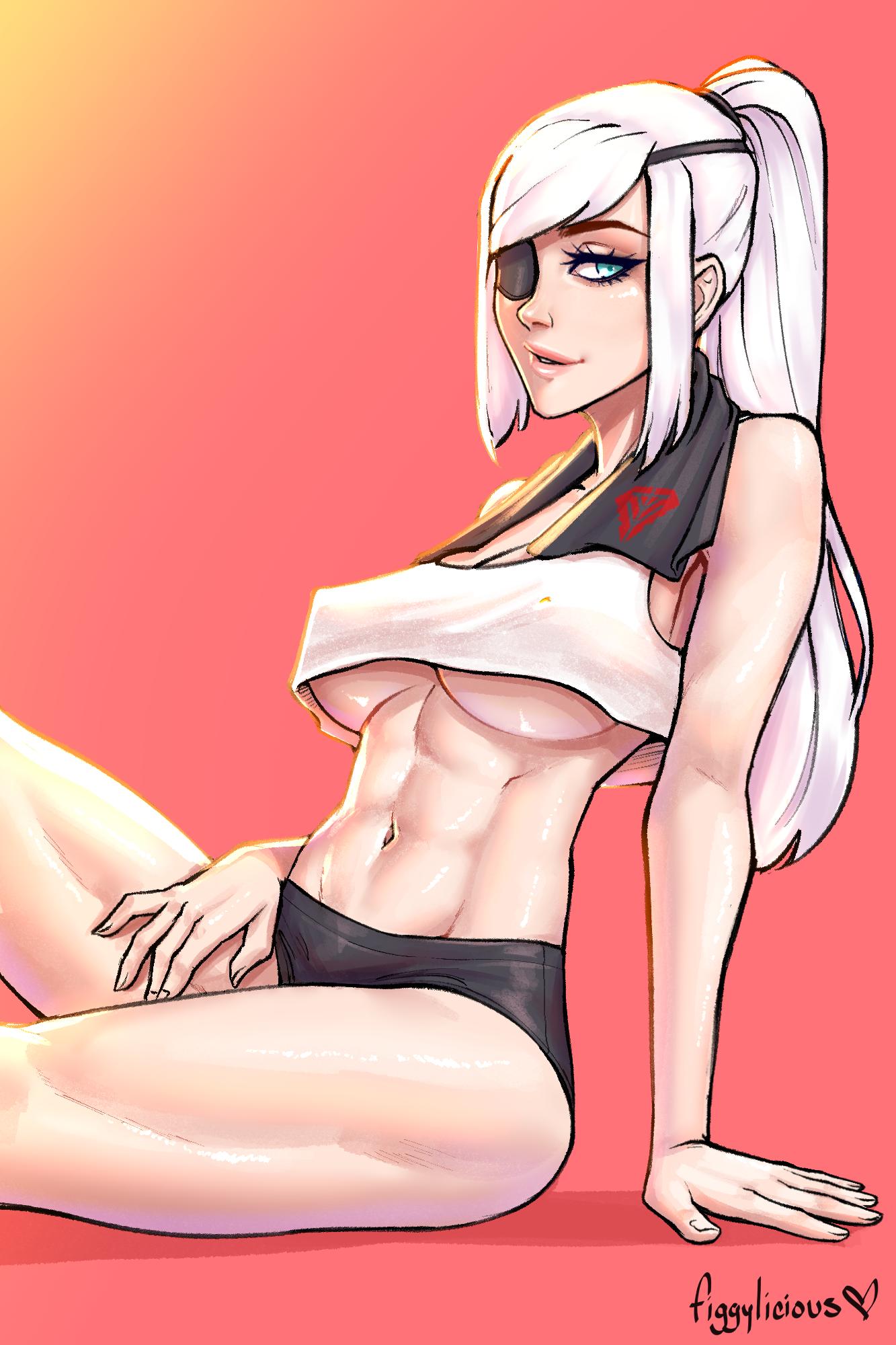 1girl abs black_shorts blue_eyes borrowed_character breasts commission crop_top crop_top_overhang eyelashes eyepatch figgylicious highres large_breasts lips long_hair looking_at_viewer navel no_bra one-eyed original ponytail red_background sailor_collar short_shorts shorts silver_hair sitting solo stomach thick_thighs thighs toned underboob valestina