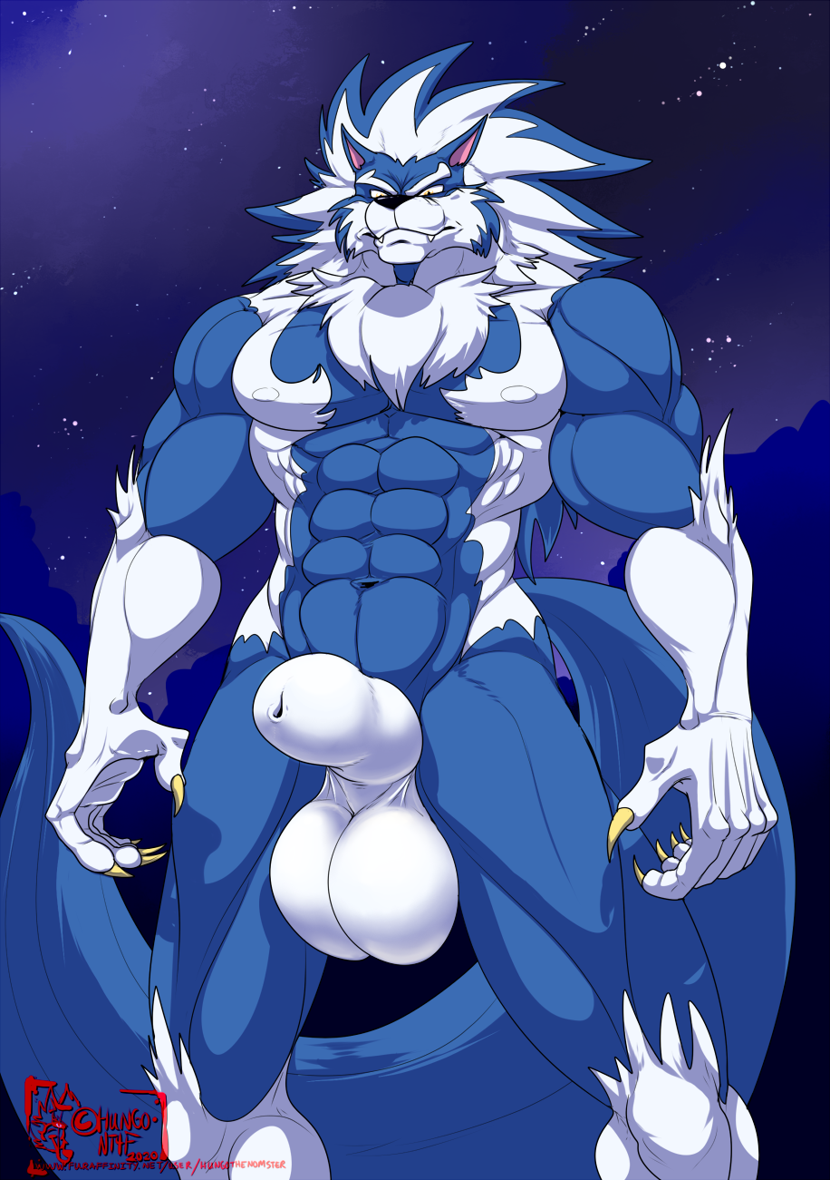 2020 5_fingers abs animal_genitalia anthro balls big_balls big_penis biped black_nose blue_body blue_hair blue_skin canid canine canis capcom claws crotch_tuft darkstalkers fingers fully_sheathed gloves_(marking) hair hungothenomster jon_talbain leg_markings looking_at_viewer looking_down male mammal mane markings multicolored_body multicolored_hair multicolored_skin muscular muscular_male muscular_thighs night nipples nude pecs penis sheath sky socks_(marking) solo standing tuft two_tone_body two_tone_hair two_tone_skin video_games were werecanid werecanine werewolf white_body white_hair white_skin wolf yellow_eyes