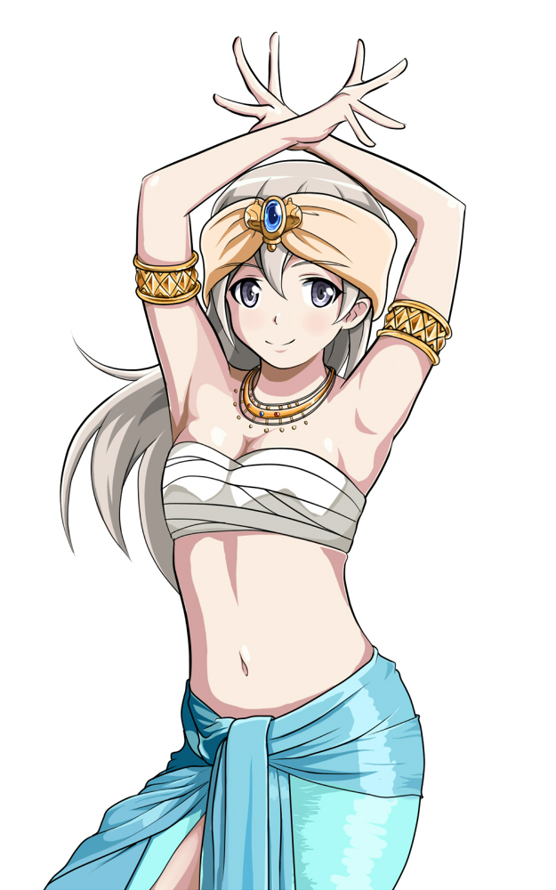 1girl armpits arms_up blue_eyes blue_skirt blush breasts cleavage closed_mouth dancer eila_ilmatar_juutilainen eyebrows_visible_through_hair jewelry long_hair looking_at_viewer midriff monousa navel necklace sarashi shiny shiny_hair simple_background skirt small_breasts smile solo standing strike_witches upper_body white_background white_hair world_witches_series