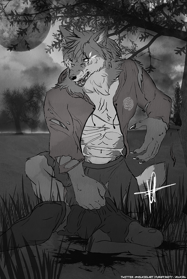 2019 angry blood bodily_fluids canid canine canis claws dead_body flashfire forest grass human invalid_background mammal monochrome moon scar teeths torn_clothing tree velkiel were werecanid werecanine werewolf wolf