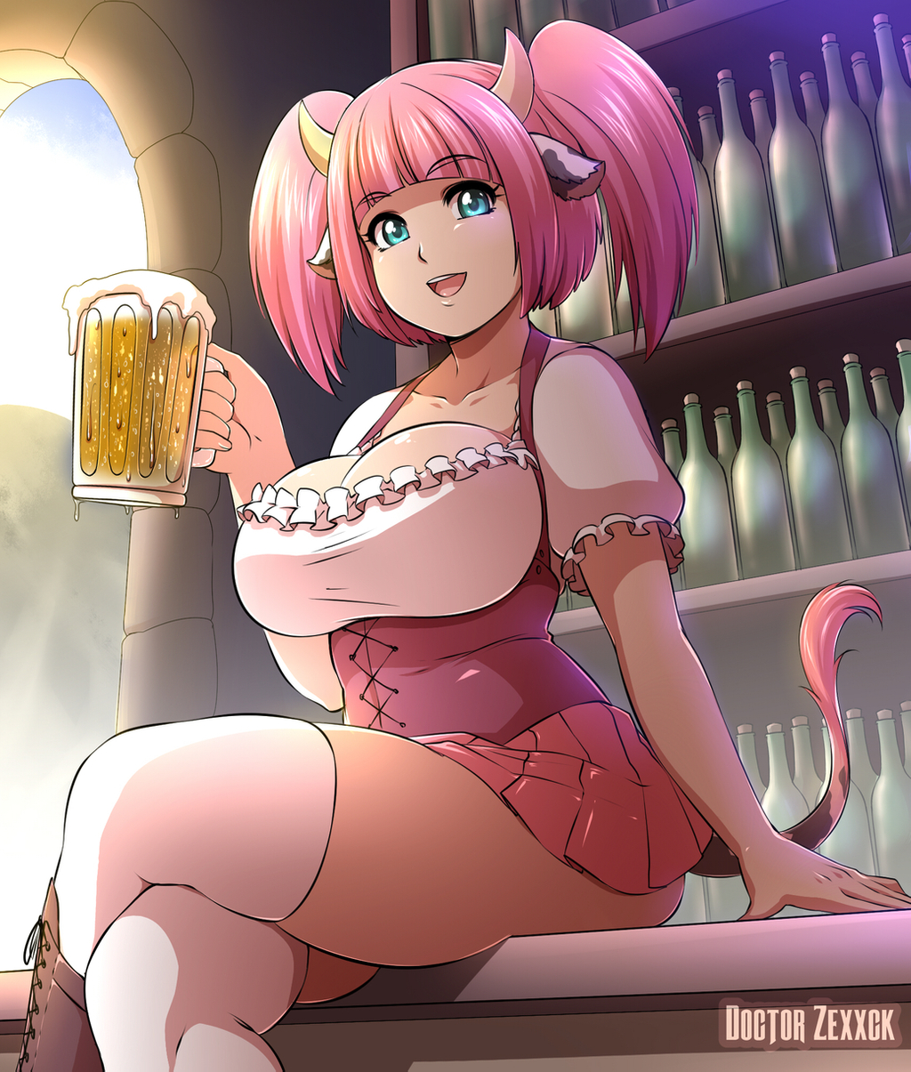 5_fingers alcohol animal_humanoid bar beer beverage big_breasts blouse blue_eyes bottomwear bovid bovid_humanoid bovine bovine_humanoid breasts cleavage clothed clothing crossed_legs deviant_hearts digital_media_(artwork) doctorzexxck female fingers fully_clothed hair hi_res holding_beverage holding_object horn humanoid legwear lola_(drzexxck) looking_at_viewer mammal mammal_humanoid on_bar_counter open_mouth open_smile pale_skin pigtails pink_hair signature sitting skirt smile solo stockings thigh_highs