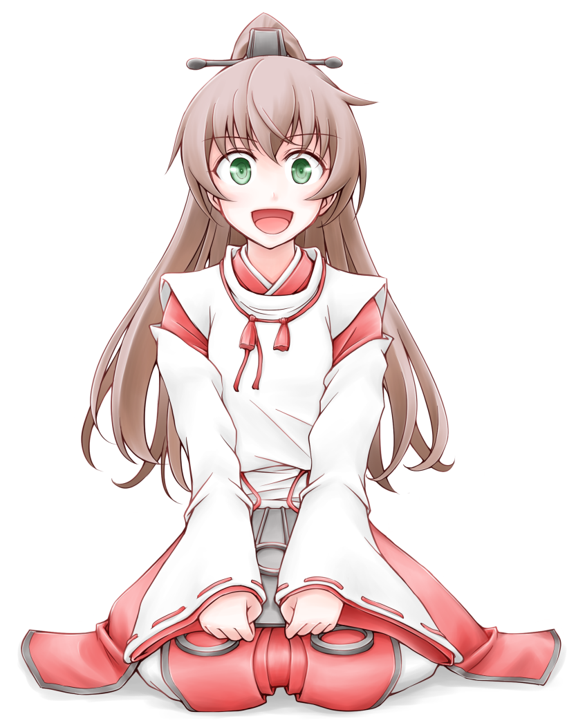 1girl brown_hair commentary_request cosplay green_eyes hair_tie hakama high_ponytail japanese_clothes kantai_collection kariginu kumano_(kantai_collection) long_hair looking_at_viewer meihemu miko nisshin_(kantai_collection) nisshin_(kantai_collection)_(cosplay) ponytail red_hakama red_ribbon ribbon ribbon-trimmed_sleeves ribbon_trim seiza sitting smile solo