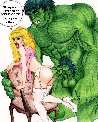 armchair bangs blonde_hair blue_eyes fucked_silly garter_belt green_skin high_heels huge_insertion huge_penis hulk john_persons lipstick long_hair makeup marvel muscular original penis pubic_hair superhero thighhighs tongue white_thighhighs