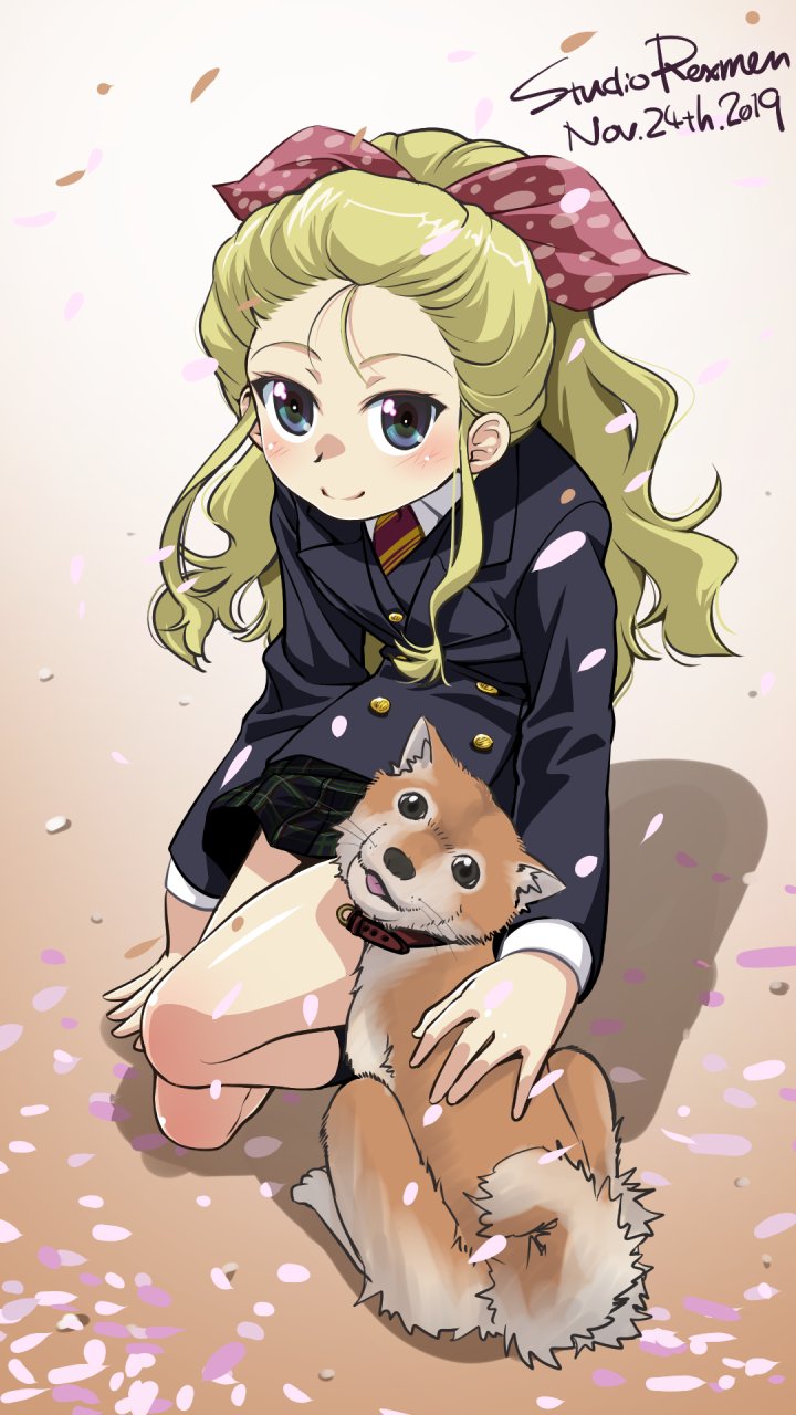1girl alternate_costume arm_up artist_name assam_(girls_und_panzer) black_jacket black_skirt blazer blonde_hair blue_eyes cherry_blossoms closed_mouth commentary cursive dated diagonal-striped_neckwear diagonal_stripes dog double-breasted dress_shirt girls_und_panzer hair_pulled_back hair_ribbon highres jacket light_blush long_hair long_sleeves looking_at_viewer miniskirt necktie one_knee petals petting pink_ribbon plaid plaid_skirt pleated_skirt r-ex red_neckwear ribbon school_uniform shadow shirt signature skirt smile solo striped striped_neckwear white_shirt younger
