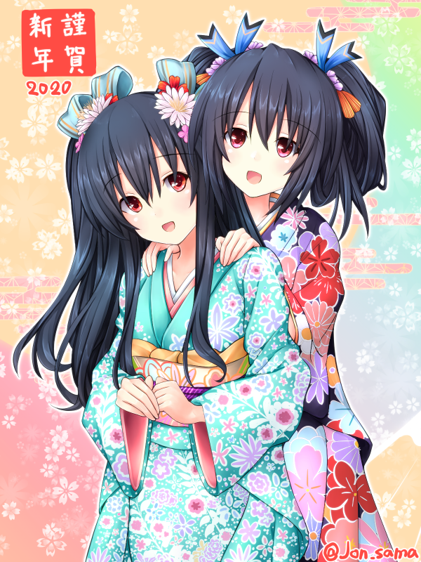 2020 2girls alternate_costume artist_name bangs black_hair black_kimono breasts commentary_request eyebrows_visible_through_hair floral_print flower furisode green_kimono hair_between_eyes hair_flower hair_ornament hair_ribbon hair_up hands_on_another's_shoulders hands_together japanese_clothes joney kimono looking_at_viewer multiple_girls nengajou neptune_(series) new_year noire obi open_mouth red_eyes ribbon sash sidelocks small_breasts smile uni_(neptune_series)