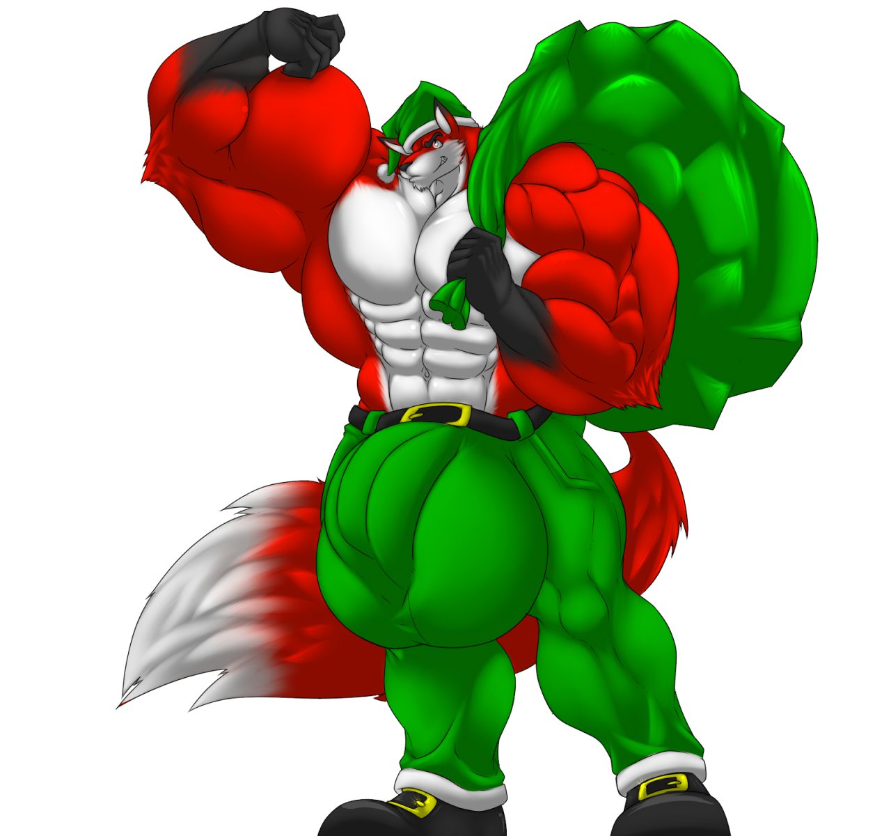 balls belt big_balls big_muscles bulge canid canine christmas clothed clothing flexing fox hat headgear headwear holidays huge_balls huge_muscles hyper hyper_balls hyper_bulge hyper_muscles hyper_penis male mammal muscular penis sachiel_666 santa's_bag santa_hat simple_background tanilys_(character) topless white_background