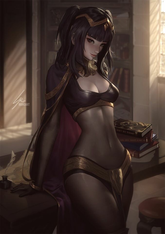 1girl black_gloves black_hair bodysuit book book_stack bracelet breasts bridal_gauntlets cape circlet cleavage closed_mouth covered_navel fire_emblem fire_emblem_awakening fire_emblem_heroes gloves indoors jewelry looking_at_viewer medium_breasts pelvic_curtain pen quill raikoart skin_tight smile stool table tharja tiara two_side_up window