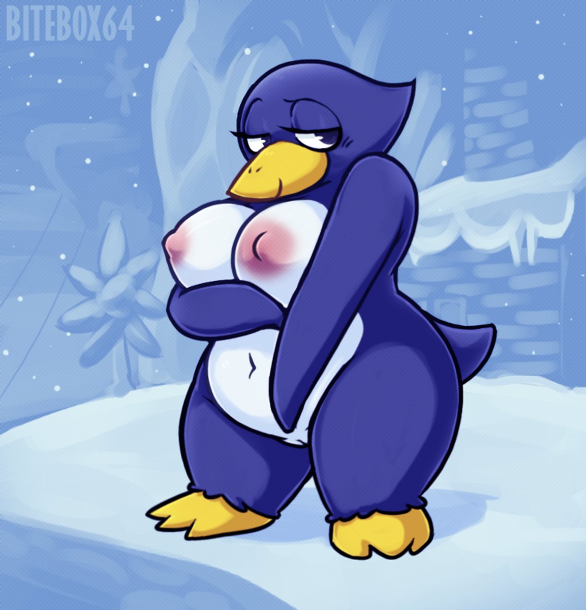 2019 3_toes anthro areola avian beak belly big_breasts bird bitebox64 blue_body blue_eyes blush breasts countershading eyelashes female half-closed_eyes holding_breast looking_away mario_bros narrowed_eyes navel nintendo nipples nude outside penguin pussy short_stack short_tail slightly_chubby smile snow snowing solo standing toes video_games white_body wide_hips