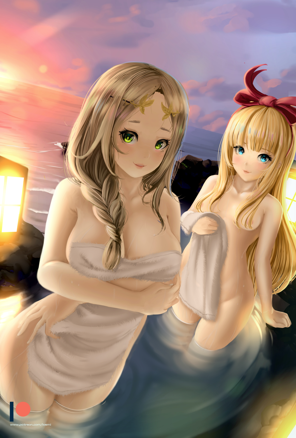 2girls areolae atelier_(series) atelier_firis blonde_hair blue_eyes blush braid breasts brown_hair closed_mouth cloud dkoro dutch_angle english_commentary firis_mistlud green_eyes hair_censor hair_over_shoulder hair_ribbon highres ilmeria_von_leinweber large_breasts looking_at_viewer multiple_girls outdoors red_ribbon ribbon sky small_breasts smile standing sun sunset towel water watermark web_address wet