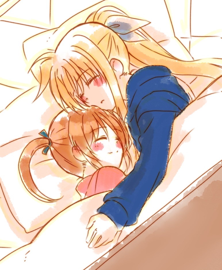 2girls black_ribbon blonde_hair blush closed_eyes couple fate_testarossa futon hair_ribbon happy kohaku_(kohagura) long_hair lying lyrical_nanoha mahou_shoujo_lyrical_nanoha mahou_shoujo_lyrical_nanoha_a's multiple_girls open_mouth pillow ribbon short_hair sleeping smile takamachi_nanoha yuri