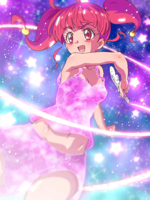 1girl :d ahoge armpits bangs bare_legs bare_shoulders blunt_bangs blush breasts cleavage close-up commentary_request hair_bobbles hair_ornament henshin hoshina_hikaru midriff_peek navel open_mouth pink_eyes pink_hair precure shiny shiny_hair shiny_skin shorts small_breasts smile solo spaghetti_strap star star_(sky) star_color_pen star_twinkle_precure tank_top tj-type1 twintails