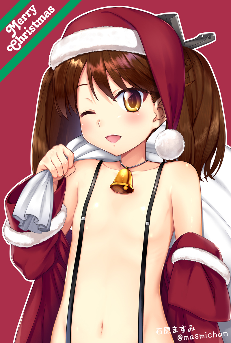 1girl artist_name bell brown_eyes brown_hair christmas collarbone flat_chest fur-trimmed_hat fur-trimmed_sleeves fur_trim hat ishihara_masumi jingle_bell kantai_collection long_hair long_sleeves merry_christmas navel one_eye_closed red_headwear ryuujou_(kantai_collection) sack santa_costume santa_hat short_hair solo suspenders twintails twitter_username