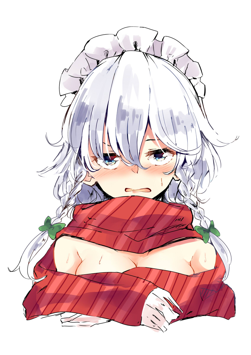 1girl bangs bare_shoulders blue_eyes blush bow braid breasts cleavage commentary_request deetamu green_bow hair_between_eyes hair_bow highres izayoi_sakuya looking_at_viewer maid_headdress medium_breasts naked_scarf nose_blush open_mouth red_scarf scarf short_hair silver_hair simple_background solo sweat touhou twin_braids upper_body white_background