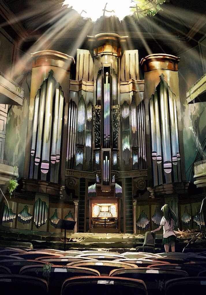 1girl auditorium chair commentary_request hole_in_ceiling instrument light_rays long_hair miniskirt music_stand original pipe_organ ruins shirt short_sleeves skirt solo standing tadano_(toriaezu_na_page) very_wide_shot white_shirt