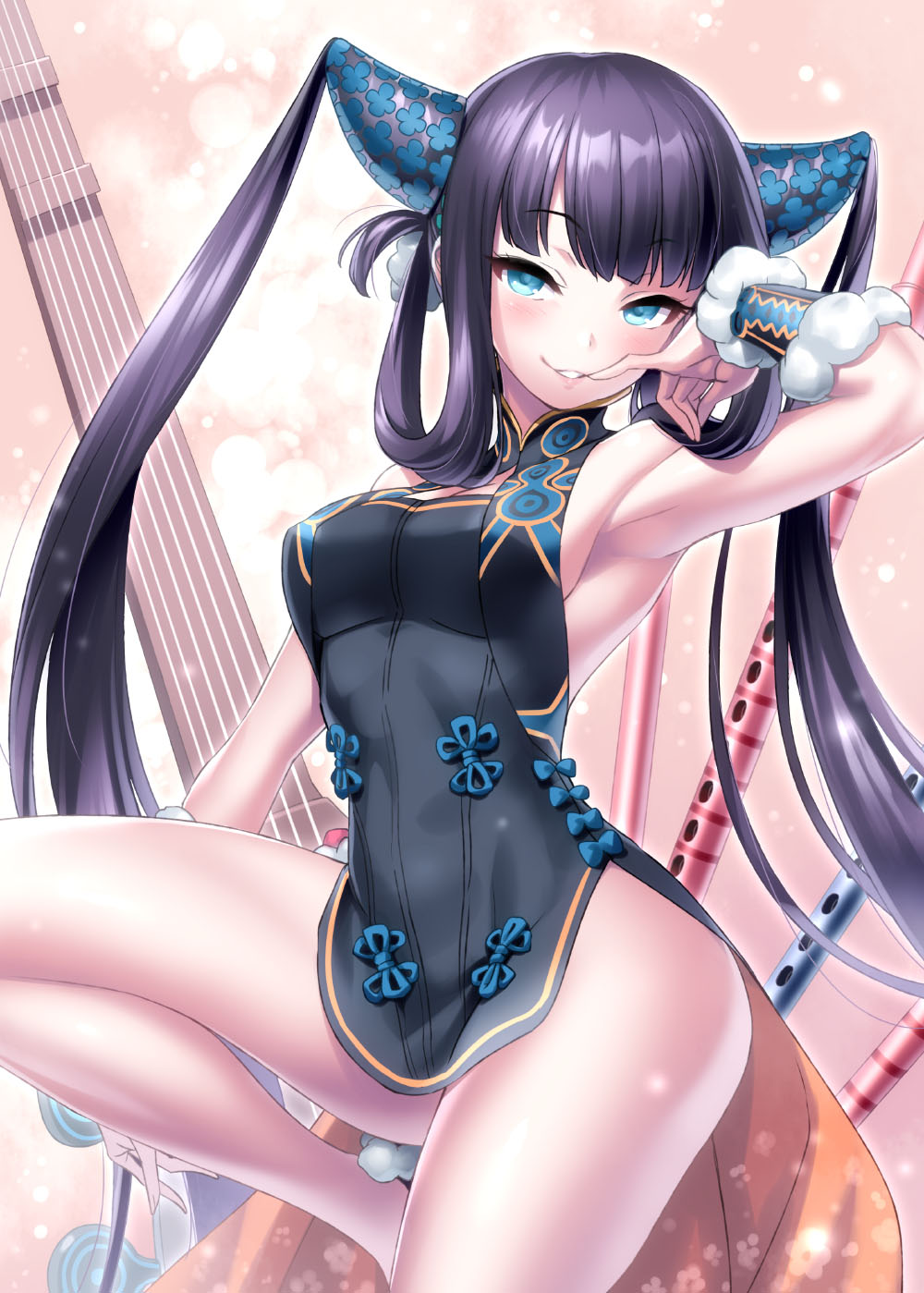 1girl armpits bangs bare_shoulders black_dress blue_eyes blunt_bangs blush breasts china_dress chinese_clothes cleavage detached_sleeves dress fate/grand_order fate_(series) flute hair_ornament highres instrument knee_up long_hair looking_at_viewer medium_breasts parted_lips pink_background pipa_(instrument) smile solo thighs twintails very_long_hair yang_guifei_(fate/grand_order) zen