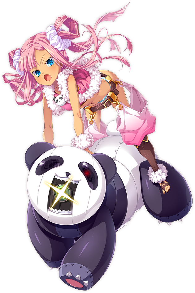 1girl all_fours bandeau belt black_legwear blue_eyes chaps full_body fur_trim hikage_eiji kneehighs koihime_musou leaning_forward long_hair midriff navel no_pants official_art open_mouth panda panties pink_hair red_vest riding robot shouting sonshoukou striped striped_panties toes transparent_background twintails underwear vest