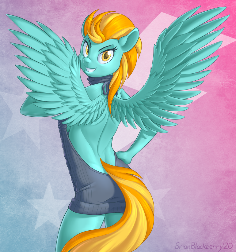 2020 anthro breasts brian_mcpherson clothed clothing digital_media_(artwork) equid equine eyelashes feathered_wings feathers female friendship_is_magic hair lightning_dust_(mlp) looking_at_viewer looking_back mammal multicolored_hair multicolored_tail my_little_pony pterippus side_boob smile solo sweater topwear two_tone_hair virgin_killer_sweater wings