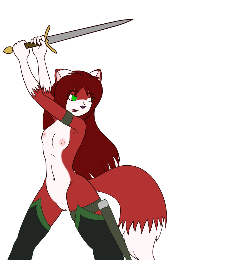 alpha_channel anthro breasts canid canine clothing dipstick_tail felid female fox fur gloves_(marking) green_eyes hair hybrid legwear linda_wright mammal markings melee_weapon mostly_nude multicolored_tail navel nipples open_mouth pussy red_body red_fur red_hair simple_background solo sword terdburgler thigh_highs transparent_background weapon