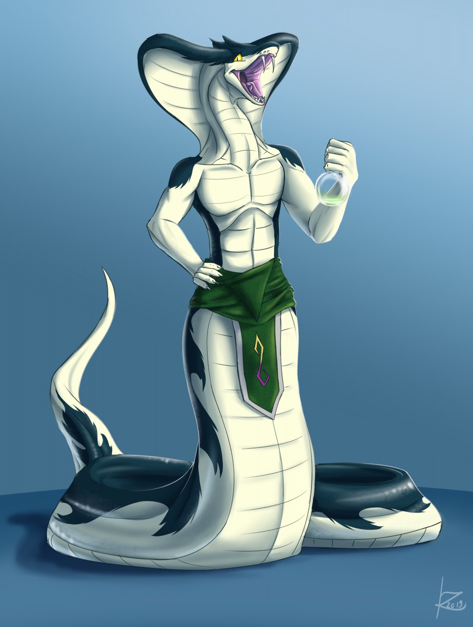 alternate_species clothed clothing fangs laboratory_flask loincloth looking_at_viewer male naga reptile scalie serpentine snake topless transformation zarakon zarakon_(character)