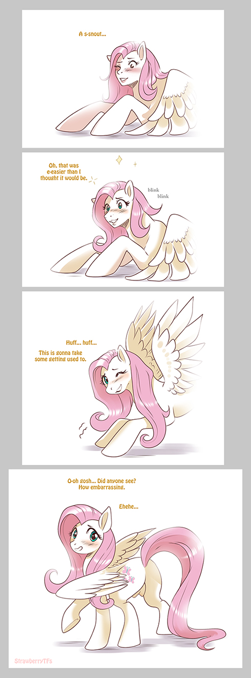 2020 chat comic dialogue discord_(mlp) english_text equid equine female feral fluttershy_(mlp) friendship_is_magic gender_transformation hair horse human_to_feral looking_at_viewer mammal mtf_transformation my_little_pony nipples nude pony pterippus sequence simple_background smile solo species_transformation strawberrytfs teats text theyellowcoat transformation white_background wings