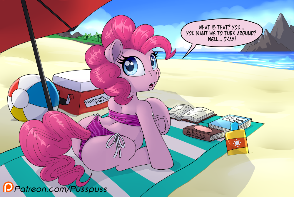 2020 beach bikini blue_eyes clothing dialogue earth_pony english_text equid equine female feral friendship_is_magic fur horse looking_at_viewer looking_back mammal my_little_pony open_mouth pink_body pink_fur pinkie_pie_(mlp) pony pregnant pusspuss seaside solo speech_bubble swimwear teeth text tongue