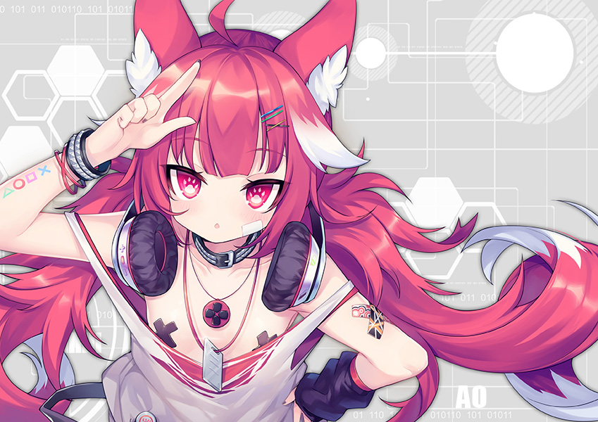 1girl ahoge animal_ear_fluff animal_ears arm_up bangle bangs bare_shoulders blush bracelet breasts chestnut_mouth collarbone eyebrows_visible_through_hair grey_background hair_ornament hairclip hand_on_hip headphones headphones_around_neck jewelry long_hair looking_at_viewer multicolored_hair original parted_lips pasties red_eyes red_hair small_breasts solo strap_slip studded_bracelet two-tone_hair upper_body utm very_long_hair white_hair white_tank_top x_hair_ornament