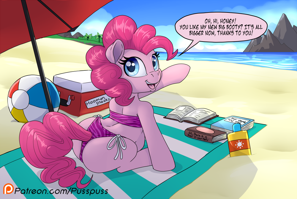 2020 beach bikini blue_eyes clothing dialogue earth_pony english_text equid equine female feral friendship_is_magic fur horse looking_at_viewer looking_back mammal my_little_pony open_mouth pink_body pink_fur pinkie_pie_(mlp) pony pregnant pusspuss seaside solo speech_bubble swimwear teeth text tongue