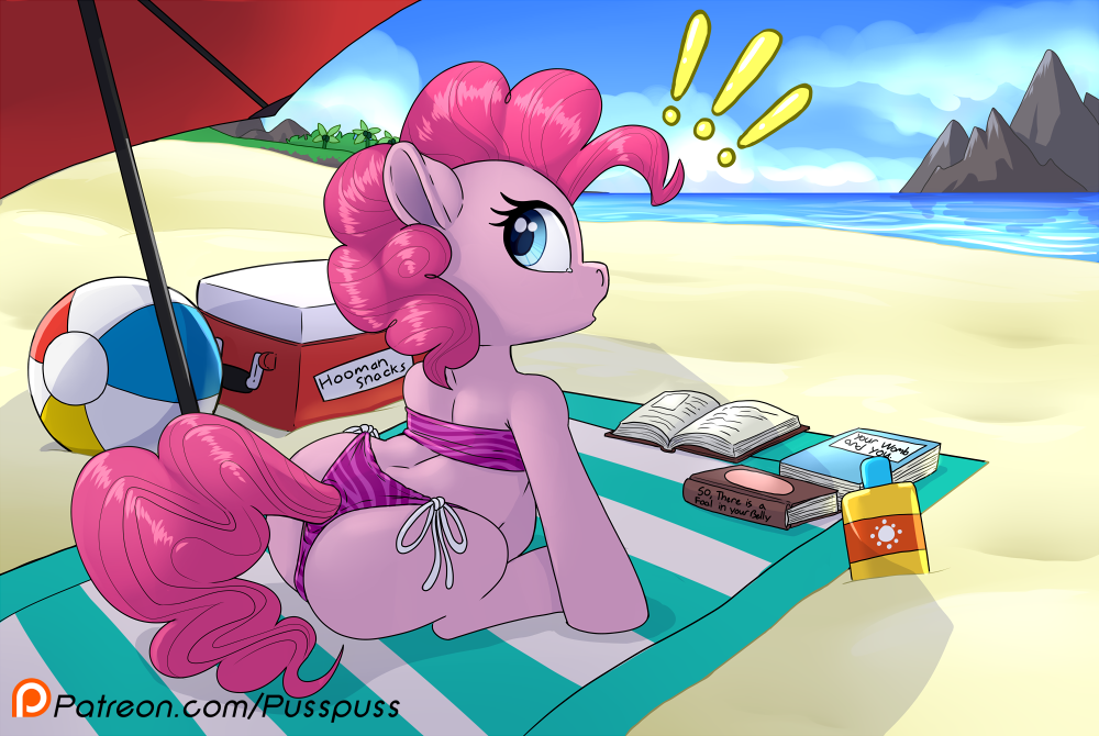 ! 2020 beach bikini blue_eyes clothing earth_pony equid equine female feral friendship_is_magic fur horse looking_back mammal my_little_pony pink_body pink_fur pinkie_pie_(mlp) pony pregnant pusspuss seaside solo swimwear