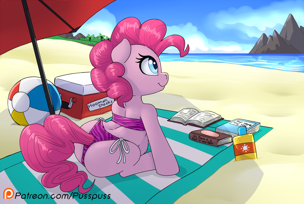 2020 beach bikini blue_eyes clothing earth_pony equid equine female feral friendship_is_magic fur horse mammal my_little_pony pink_body pink_fur pinkie_pie_(mlp) pony pregnant public pusspuss seaside solo swimwear water