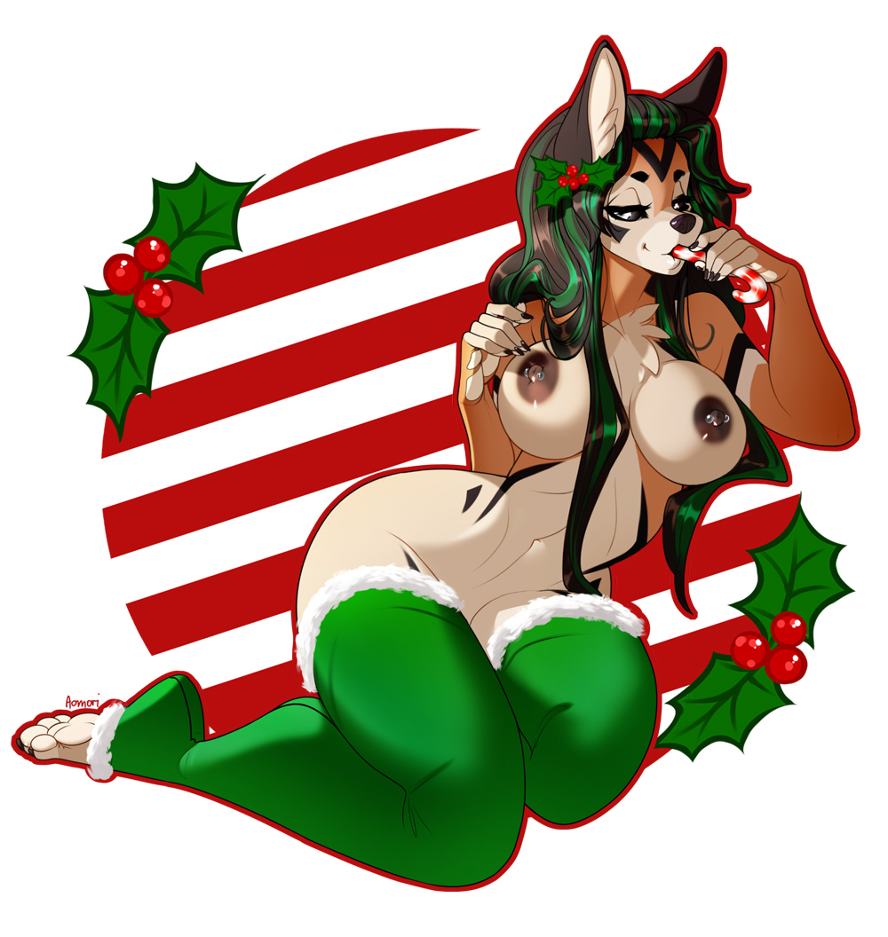 2019 4_toes 5_fingers anthro aomori areola breasts canid canine canis digital_media_(artwork) domestic_dog eyebrows eyelashes female fingers mammal nipples solo toes