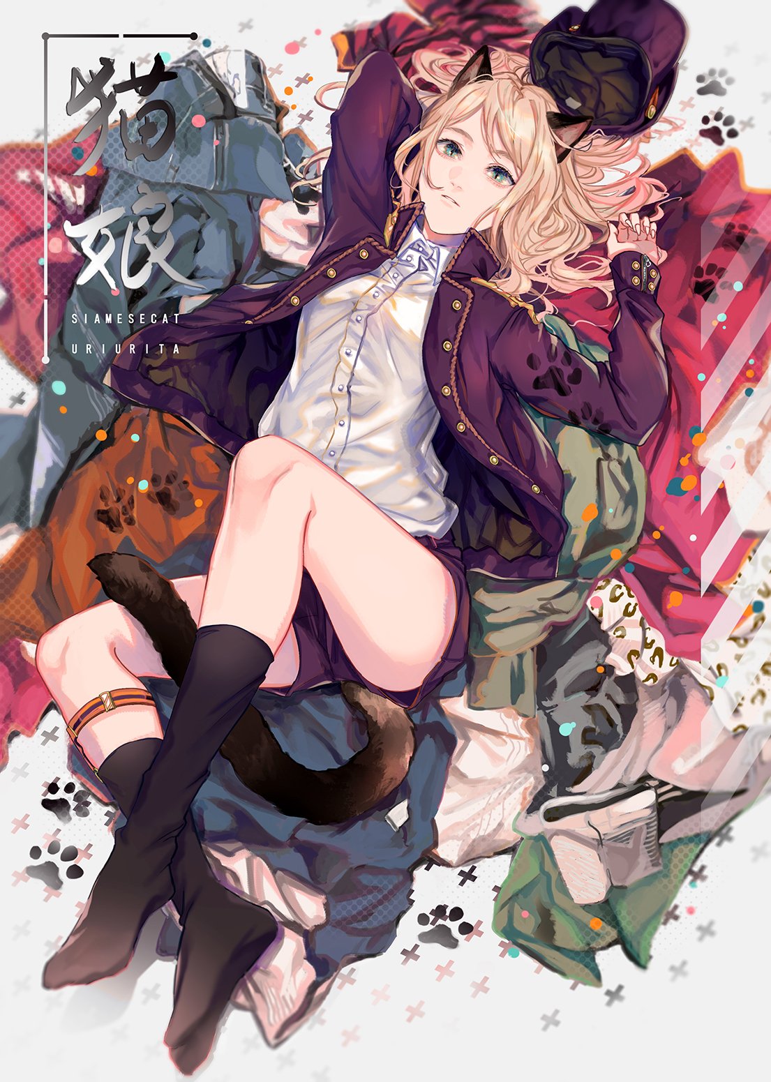 1girl animal_ears black_legwear blonde_hair cat_ears green_eyes hat highres jacket long_hair lying on_back original paw_print ponponpananda purple_headwear purple_jacket purple_shorts shirt shorts slit_pupils solo tail white_shirt