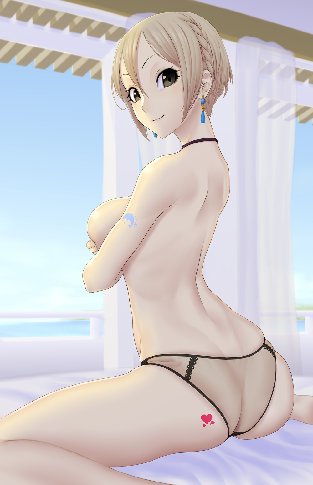 1girl ass back blonde_hair braid breasts choker closed_mouth commentary_request dolphin earrings gishu heart heart_tattoo highres idolmaster idolmaster_cinderella_girls jewelry large_breasts looking_at_viewer looking_back panties see-through shiomi_shuuko short_hair smile solo tattoo topless underwear yellow_eyes